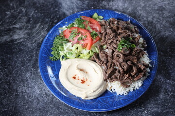Halal Beef Gyro with Fries, Pita Bread, Salad, and Garlic Sauce &ndash; Mediterranean Platter