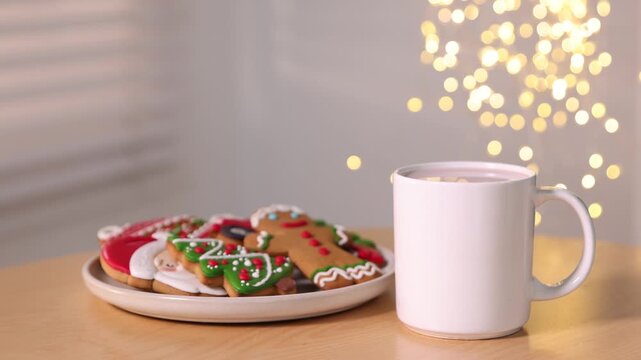 Saint Nicholas day tradition. Cup of cocoa and plate with gingerbread cookies on wooden table against blurred lights indoors - Powered by Adobe