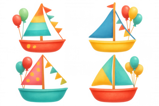 Four colorful toy sailboats decorated with flags and balloons floating on a transparent background, perfect for kids projects