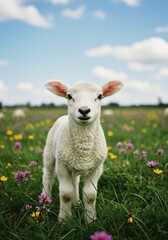 Fototapeta premium Adorable White Lamb in a Spring Meadow