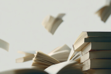 minimalist desk setup featuring array of beautifully arranged books with floating digital annotations