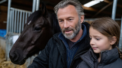 In a cozy barn, a girl and a man share a contemplative moment with a horse, encapsulating the beauty of companionship and the bond between humans and animals.