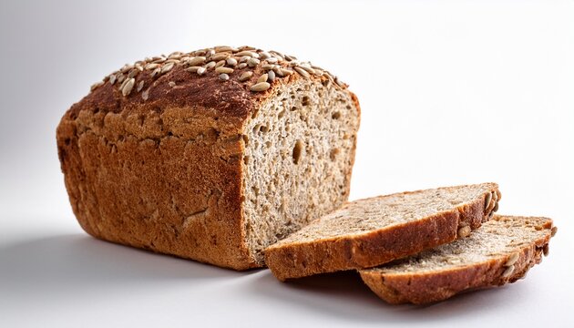 freshly baked multigrain bread loaf with slices and seeds on white background healthy homemade bakery product for breakfast or snack white background - Powered by Adobe