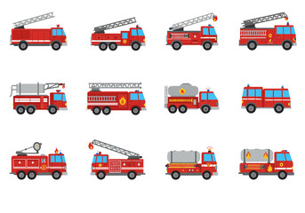 12 red fire trucks in cartoon vector illustration all facing the left side