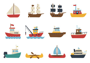 Twelve cartoon boats displayed on a white background varying styles