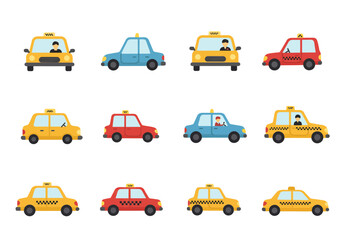 Twelve cartoonstyle taxis in a 4x3 grid various colors and driver presence