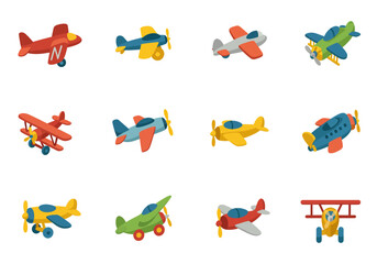 Twelve colorful cartoon airplanes with various designs and color schemes are arranged on a white background