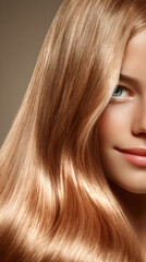 Naklejka premium Close up of glossy golden hair cascading in soft waves, framing a youthful face with a gentle smile, showcasing smooth texture, light reflections, and healthy shine.