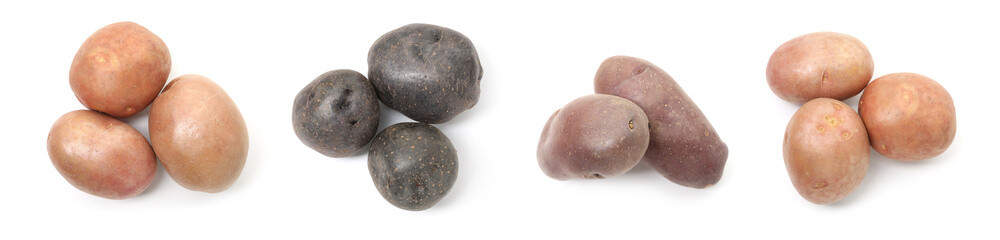 Fresh raw potatoes of different types isolated on white, set
