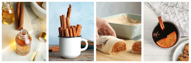 Cinnamon oil, powder and sticks. Drink and pastry with added spice. Collage of pictures