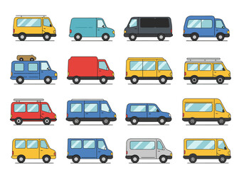 Varied cartoon vans in rows with solid colors and simple lineart