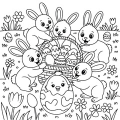 Happy Easter drawing coloring book page for children & adults, vector illustration