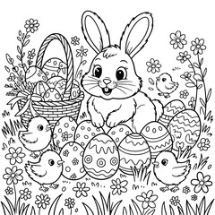 Happy Easter drawing coloring book page for children & adults, vector illustration