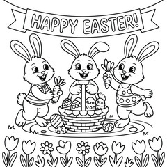 Happy Easter drawing coloring book page for children & adults, vector illustration