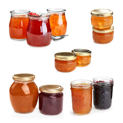 Different jams in jars isolated on white, set