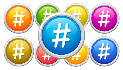Obraz premium A collection of vibrant, round buttons, each displaying a hashtag symbol in a different hue.