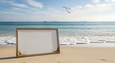 A blank, ornate white frame rests on a sandy beach at the water's edge, with gentle waves and white foam. Two seagulls fly in the bright, blue sky above the vast ocean.
