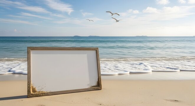 A blank, ornate white frame rests on a sandy beach at the water's edge, with gentle waves and white foam. Two seagulls fly in the bright, blue sky above the vast ocean. - Powered by Adobe
