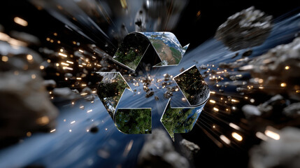 An explosive visual of a recycling symbol made of planetary landscapes represents the urgent need for eco-consciousness, set against the backdrop of dynamic cosmic energy and motion.