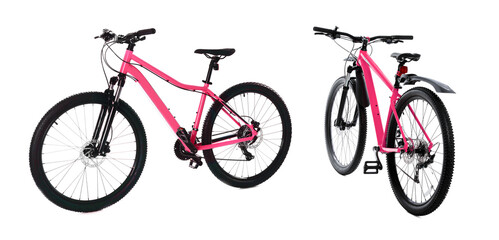 Modern bright pink bicycle isolated on white, collage