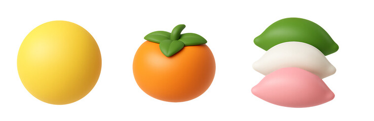 3D Icon Set of Full Moon, Persimmon, and Korean Rice Cake Songpyeon Isolated on White