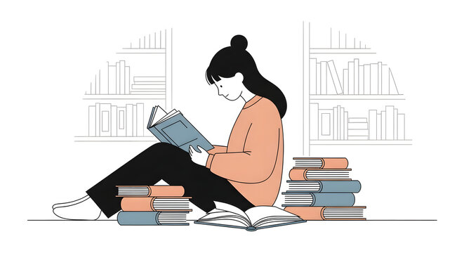 Woman reading book in library surrounded by books illustration art