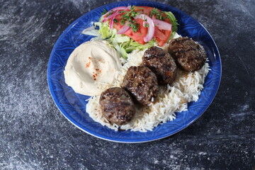 Halal Kofta Kebab with Rice, Hummus, and Salad – Middle Eastern Platter
