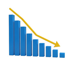 3d bar chart with downward trend arrow isolated on transparent background