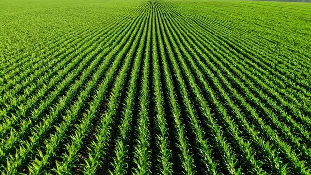 Aerial view of green corn rows in a field, depicting agriculture, farming, crops, rural scenery, food production, and sustainable growing.