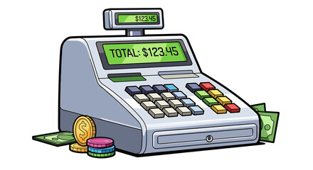 Detailed Cartoon Cash Register Illustrating Financial Transaction Totaling One Hundred Twenty-Three