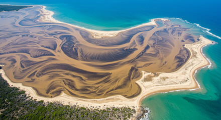Stunning aerial view of intricate sandbars and turquoise ocean waters meeting a lush coastline