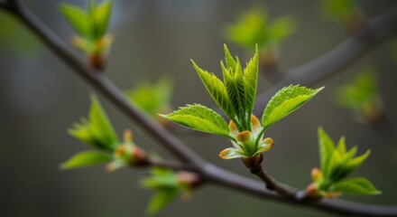 Obraz premium Bright Green New Leaves Emerging on a Branch in Spring