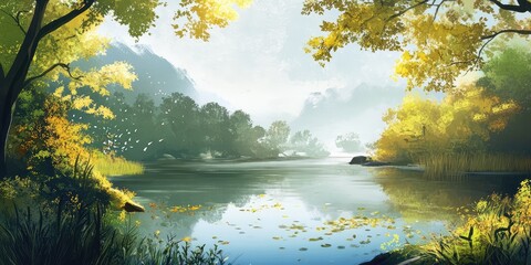 A beautiful painting of a lake with trees in the background