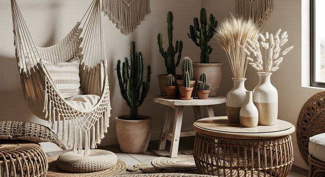 A cozy bohemian living space featuring a macrame hammock chair, various potted cacti, dried grass in vases, and textured woven furnishings, creating a natural and relaxing atmosphere. - Powered by Adobe