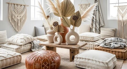 Cozy bohemian-style living room featuring an abundance of plush floor cushions, textured textiles and natural elements like dried pampas grass in decorative vases.