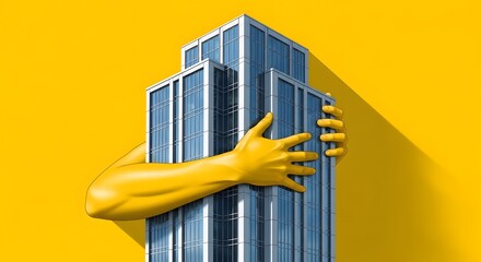 Job Hugging Trend in office A surreal and conceptual illustration of large yellow hands embracing a modern glass office skyscraper, symbolizing corporate love and business success