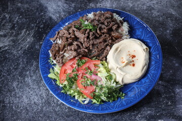 Beef Shawarma with Rice, Hummus, and Salad 
