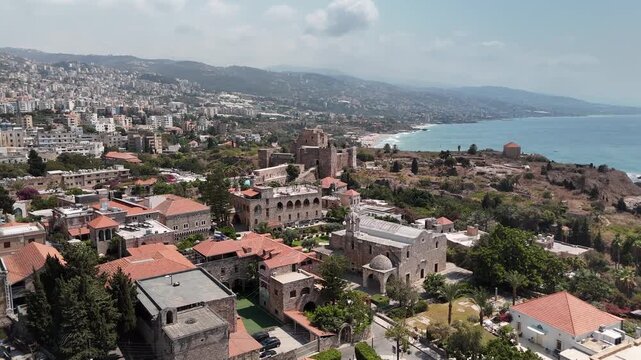 Aerial drone video of Byblos (Jbeil) at sunset in Lebanon