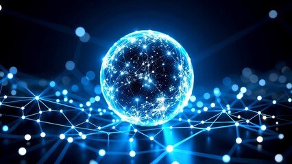 A glowing digital globe interconnected by luminous lines, symbolizing technology, data, and connectivity in a futuristic environment.