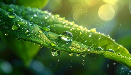 Close-up view of a lush green leaf adorned with glistening water droplets, reflecting the soft sunlight filtering through the gentle rain.