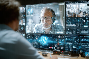 Tech specialist monitors a high resolution wall of holographic screens, analyzing data, code, and video feeds during a tense remote collaboration session.