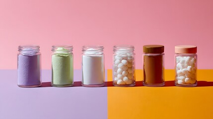 A row of six small glass jars with various sugar substitutes including colorful powders granules and tablets.