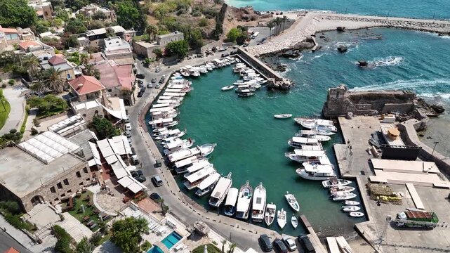 Aerial drone video of Byblos (Jbeil) port in Lebanon