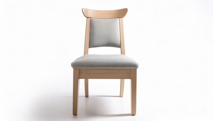 light beige wooden chair with light gray upholstered seat and back cushion isolated on white background