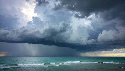 Dark storm cloud looms over ocean. Rain streaks falling. Turquoise water with gentle waves