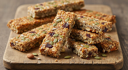 A stack of granola bars with seeds and dried fruit on a wooden cutting board close up studio shot food photography