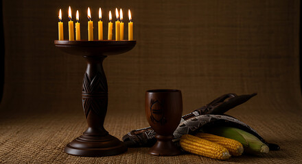 Kwanzaa celebration with a traditional Kinara and seven lit candles.