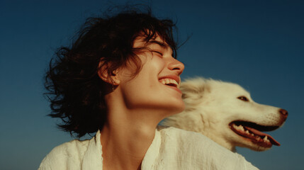 joyful teenager with their dog enjoys peaceful morning on rooftop feeling free and alive