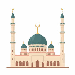 "Vector illustration of an Islamic mosque with green dome and minarets - flat architecture icon for Ramadan, religion, and Islamic celebration"