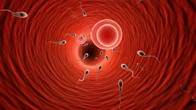 sperm cells swimming towards egg for fertilization